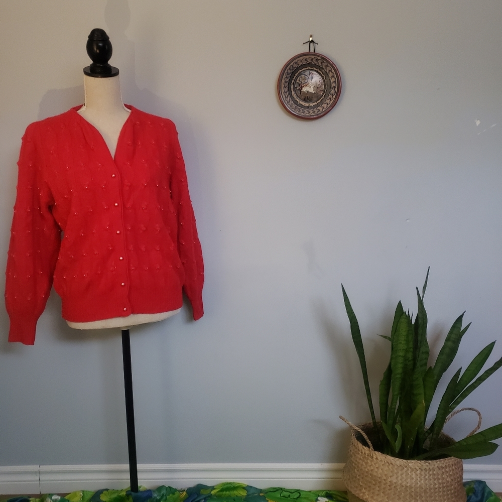 Vintage red angora cardigan with beading